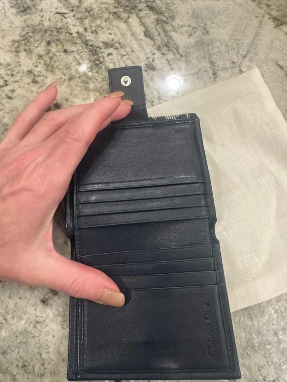 Dior Black and Beige Monogram Canvas Wallet with Silver Logo